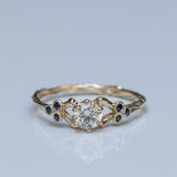 Symmetrical Spreading Branch Ring with White Diamond and Blue Sapphires
