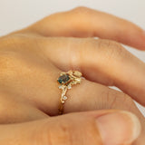 Branch Ring with Botanic Details Set with Oval Sapphire and White Diamonds