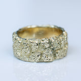 Wide Cracked Bark Texture Gold Ring