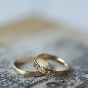 Half round &  Stone textured gold wedding rings