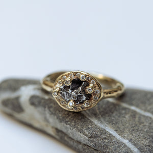 Raw space ring with meteorite and diamonds