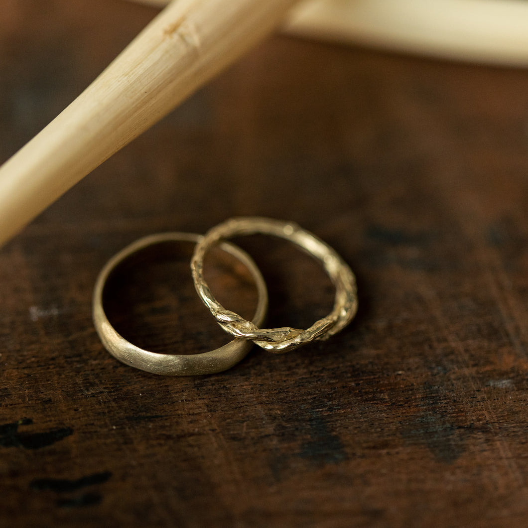 Smooth raw& Twisted branch wedding rings