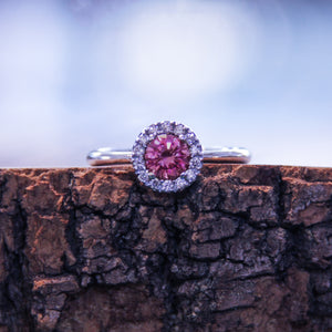 Pink halo diamond ring