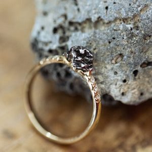 Meteorite solitaire ring with diamonds