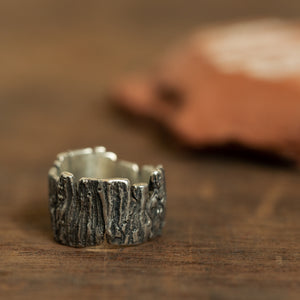 Messy tree trunk silver ring