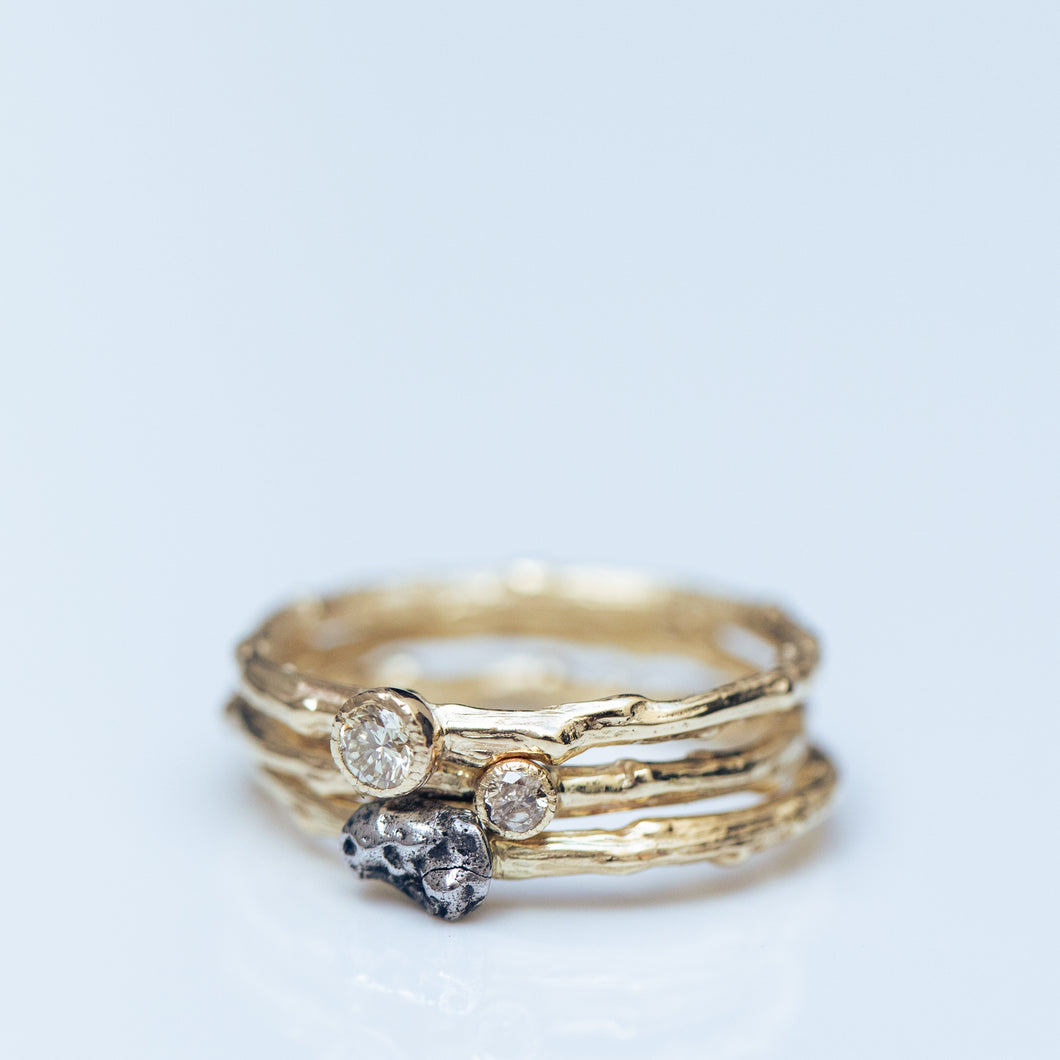 Trio branch rings with meteorite and diamonds