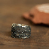 Wide tree bark silver ring