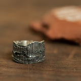 Wide tree bark silver ring