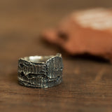 Wide tree bark silver ring