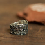 Wide tree bark silver ring