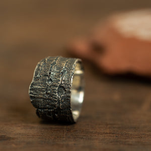 Wide tree bark silver ring