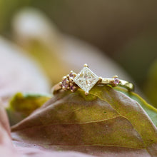Load image into Gallery viewer, Princess cut diamond and pink sapphires cluster ring
