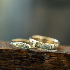 Raw signature & half round finger prints wedding rings