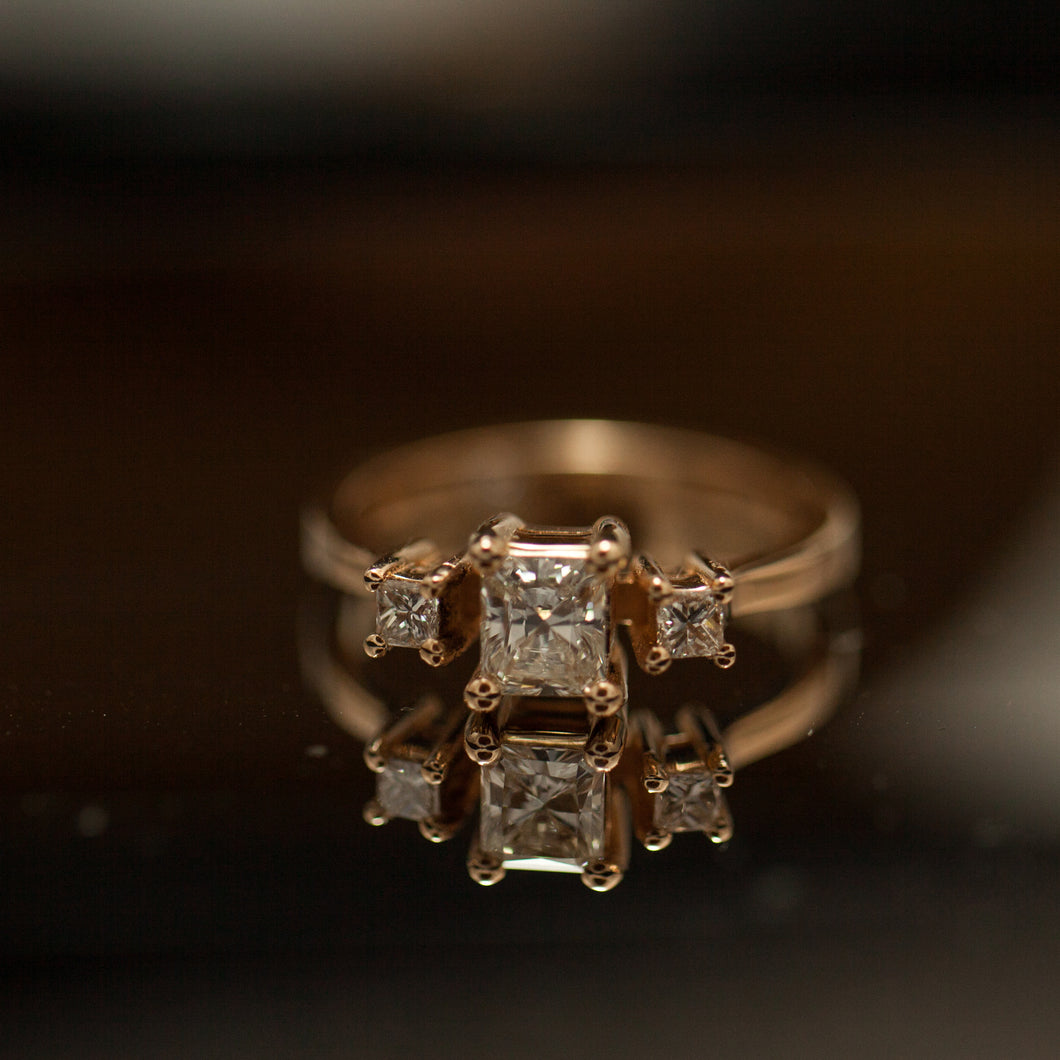 Square tri-stone engagement ring