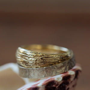Raw straight edge & Striped branch textured wedding rings
